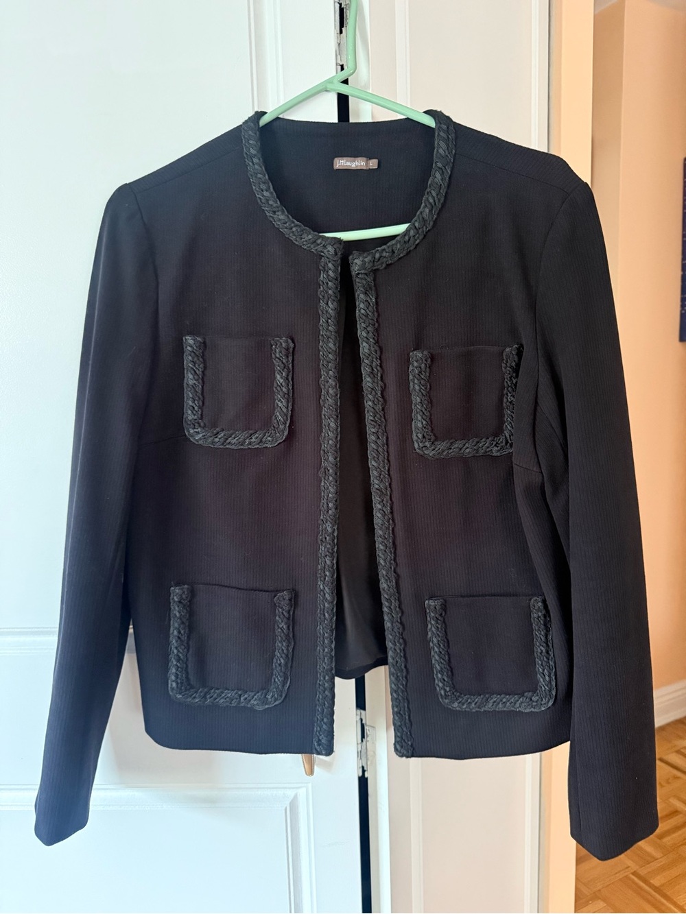 J. McLaughlin Black Braided-Trim Open Front Jacket